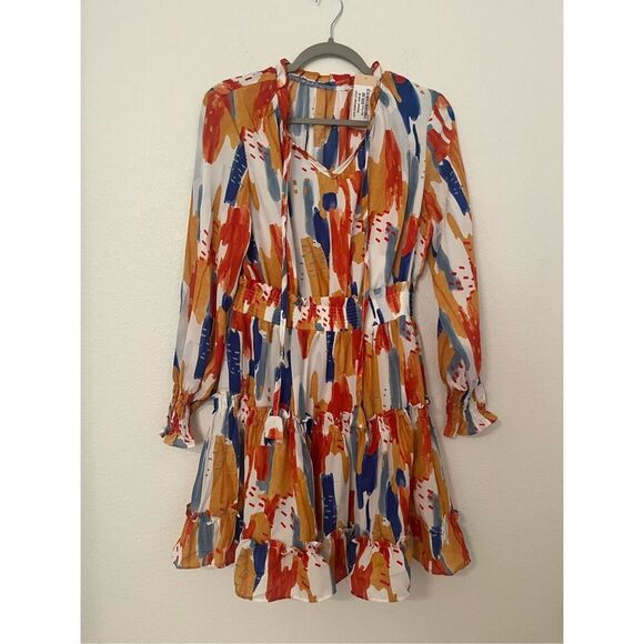 GSTQ Womens Casual Long Sleeve Smocked Ruffle Layer Tunic Dress Swing Mini Dress - Picture 3 of 10